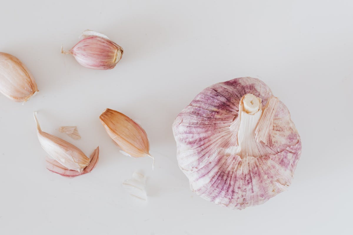 Garlic bulbs and cloves on a light background